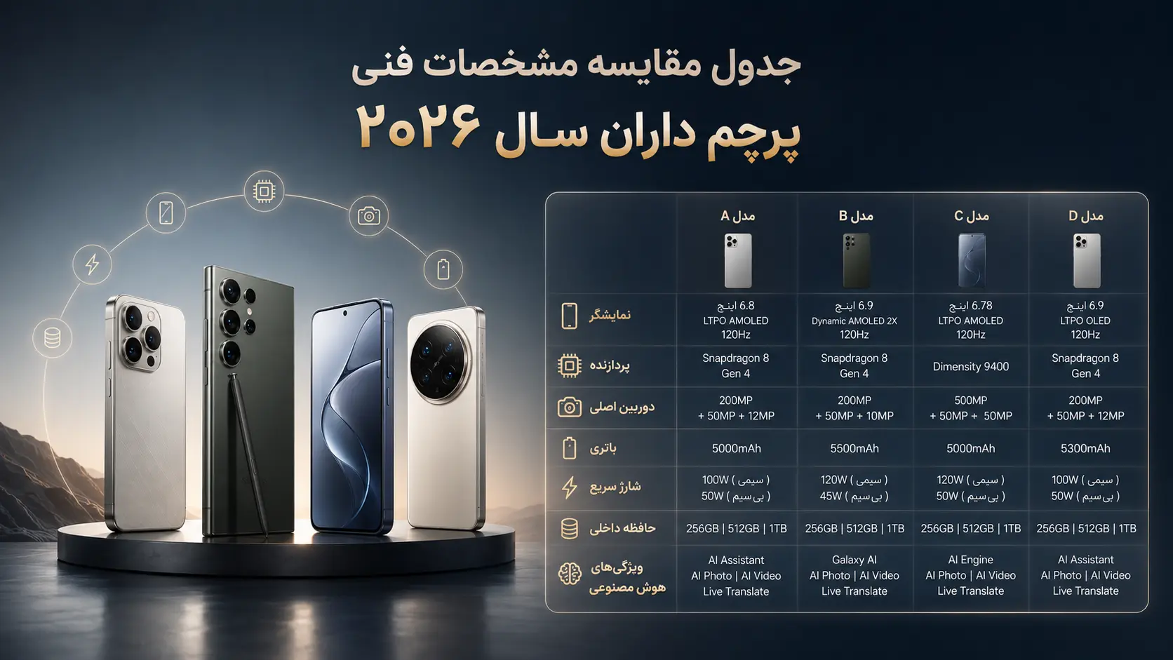 جدول مقایسه مشخصات فنی پرچم‌داران سال ۲۰۲۶